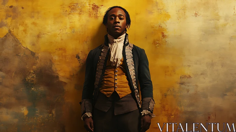 Young man in period military coat against rich ochre wall
