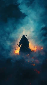 Lone swordsman silhouette emerging through cinematic blue fire.