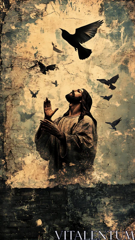 Religious figure looks upward beneath dark silhouette birds