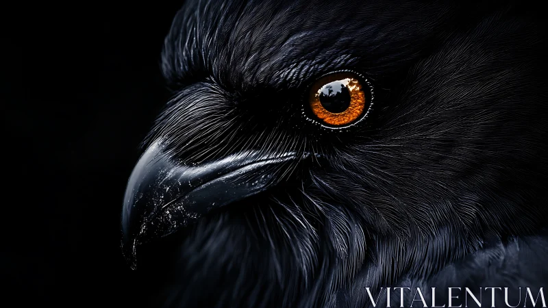 Dramatic close-up of raven’s face with vivid orange eye, dark style.