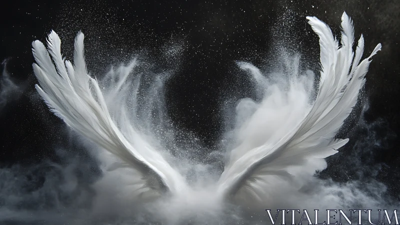 Symmetric white feather wings exploding through powder cloud.