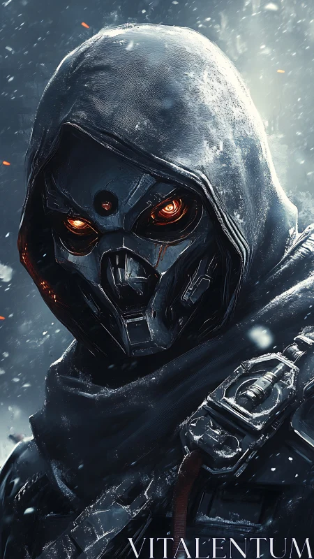 Cybernetic assassin stalks frozen battlefield in hooded armor.
