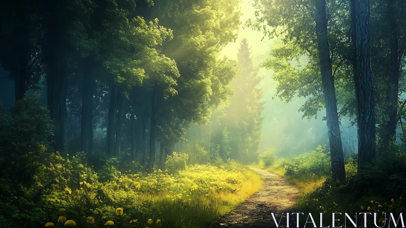 Backlighting Forest Path: Tall Trees, Luminous Canopy Gap, Yellow Wildflowers
