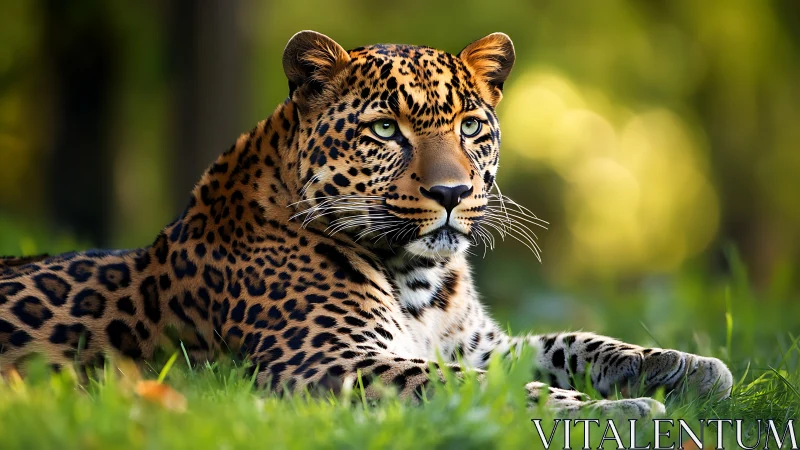 Golden-lit leopard rests calmly in a lush green forest