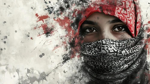 Inkstormed gaze behind patterned veil of red quiet fire.