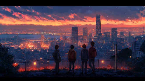 Friends observing illuminated city skyline at sunset.