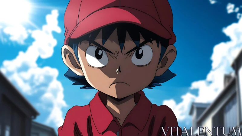 Determined anime boy strides under bold summer sky