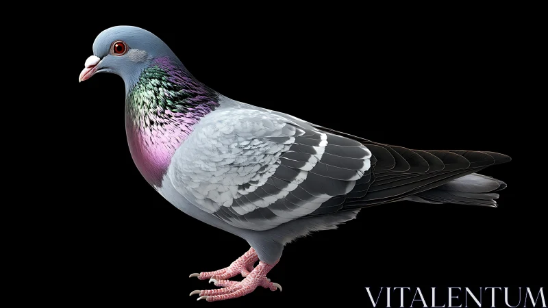 Realistic portrait of a pigeon with iridescent feathers on black background.