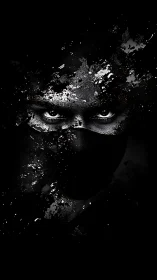 Masked face emerges through fragmented monochrome texture