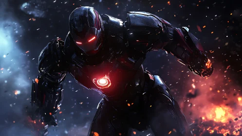 Armored sci fi warrior charging through fire and sparks.