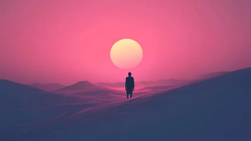 Silhouette lone figure on surreal dunes under pink sun.