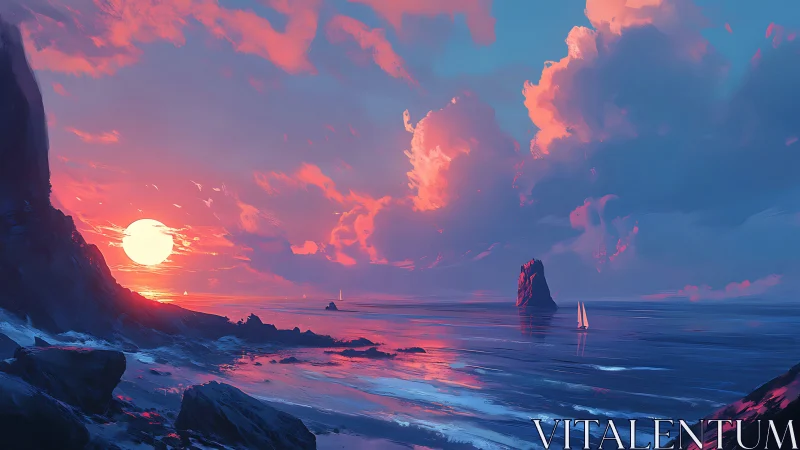 Radiant seascape captures neon sunset over tranquil bay.