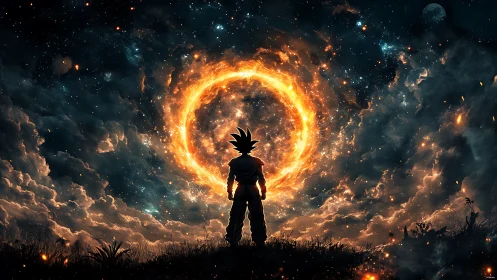 Fiery cosmic gateway opens as lone warrior greets the stars