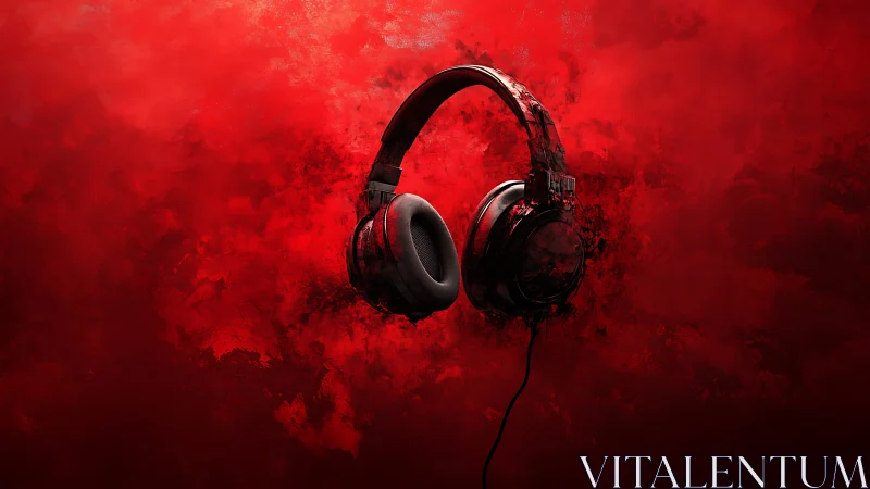 Headphones drift through a crimson storm of digital sound