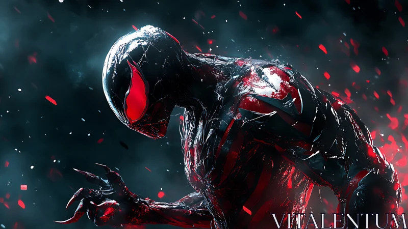 Crimson symbiote stalker in molten shards of starlight.