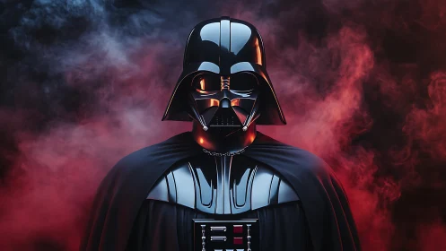 Helmeted sci‑fi armored figure in red and gray smoke field.