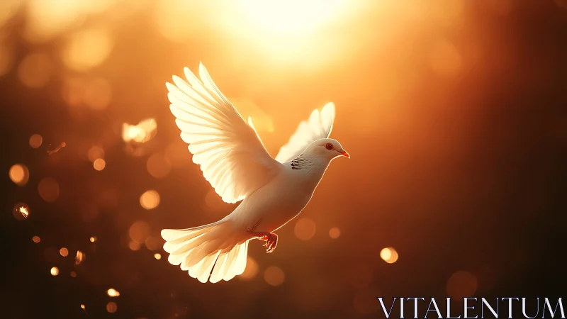 Photorealistic dove in golden backlight with bokeh field.