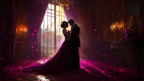 Palatial Silhouettes: Magenta-Luminescent Ballroom Waltz Composition.