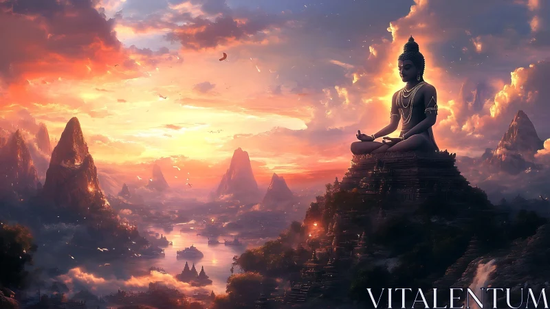 Colossal meditative statue over volumetric sunset valleyscape.