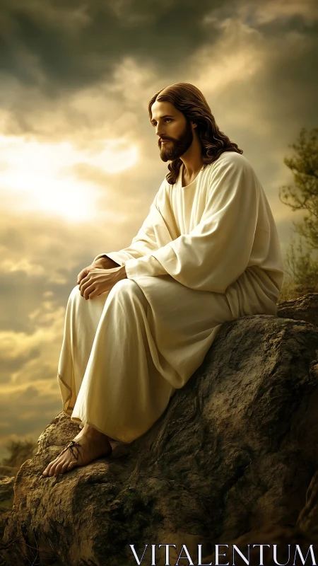 Contemplative robed figure on rocky outcrop under glowing sky