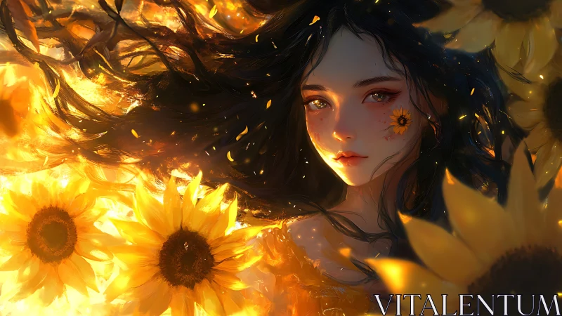 Digital portrait shows girl among sunflowers in warm light