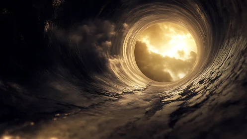 Cylindrical tunnel framing luminous clouded sky in chiaroscuro