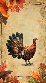 Stylized gamebird with ornamental plumage on distressed paper
