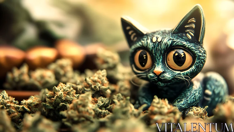 Black Cat Figurine Among Crystalline Mineral Formations. Striking Golden Eyes Commanding Attention.