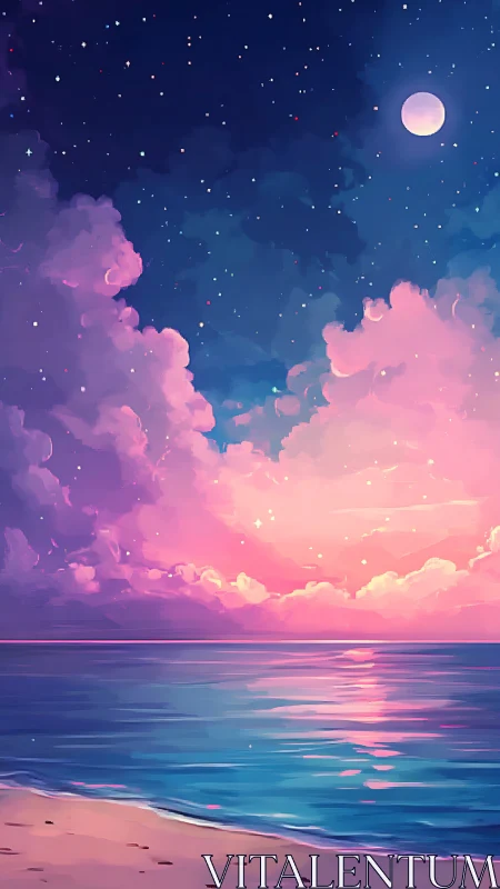 Nocturnal shoreline under nebular clouds and diffuse lunar glow