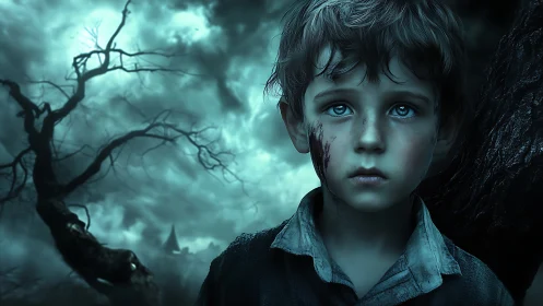 Melancholic boy portrait in stormy haunted forest at dusk