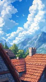 Mountain village roofs under luminous summer clouds.