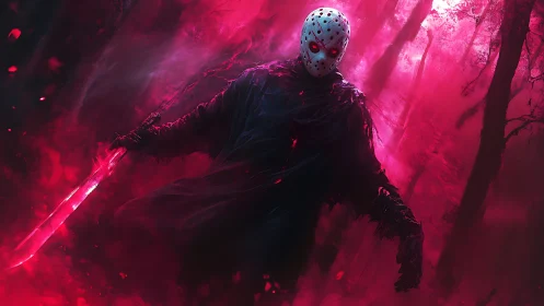 Bloodlit mask prowls through neon fog in a haunted forest