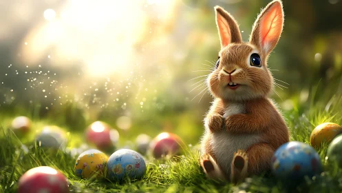 Sunlit meadow bunny guarding a treasure of painted eggs.