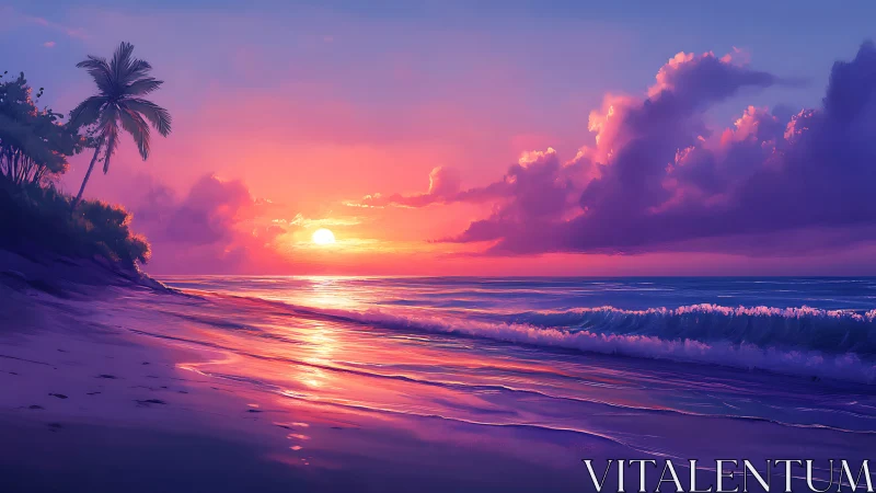 Radiant tropical sunset bathes serene shoreline in color.