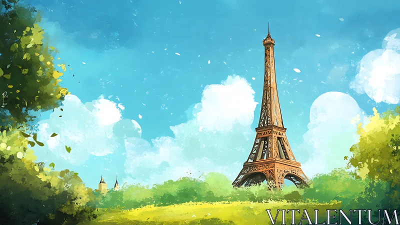 Eiffel Tower structure within stylised green park landscape.