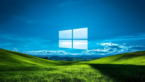 Corporate logo over digitally rendered grass landscape.