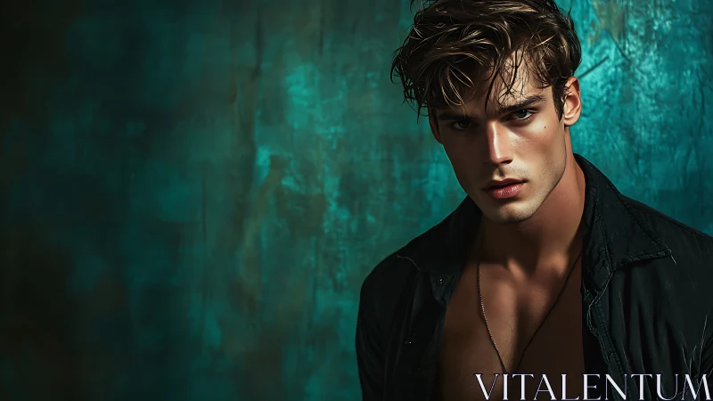 Male model stares at camera against teal textured wall