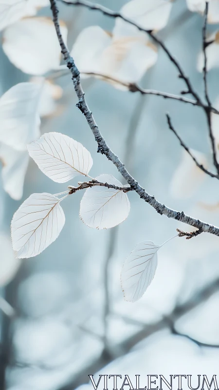 Soft pale leaves rest gently on a quiet winter branch