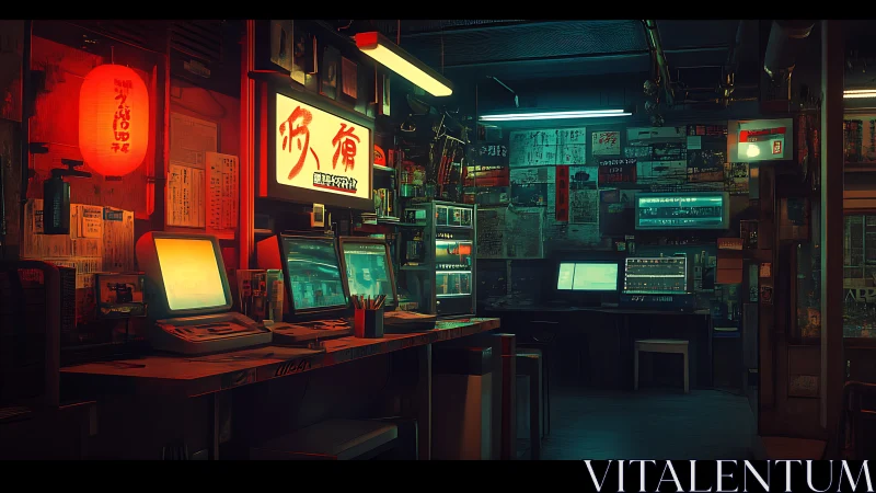 Dim computer workstation occupies cluttered retro-futuristic room