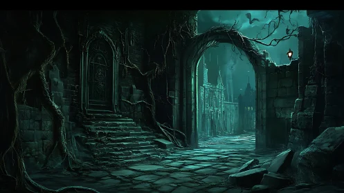 Moonlit ruined gate overlooks deserted gothic street