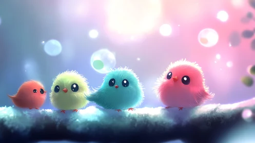 Adorable Colorful Cartoon Birds on Branch in Dreamy Soft Light.