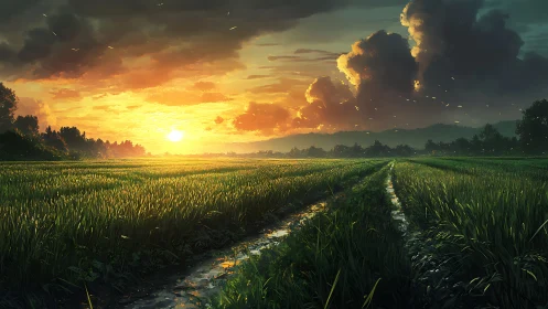 Digital painting sunset over irrigated pastoral rice fields.