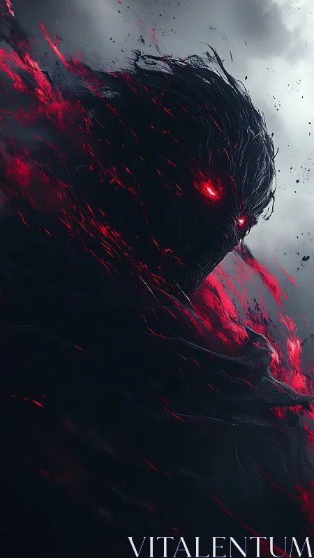 Shadow entity with glowing red eyes in stormy darkness.