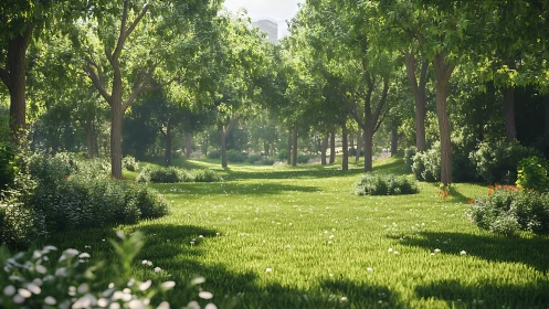 Sunlit park meadow welcomes quiet walks beneath green trees