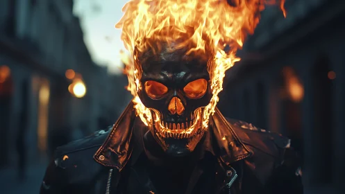 Flaming skull-headed figure stands in urban street at dusk