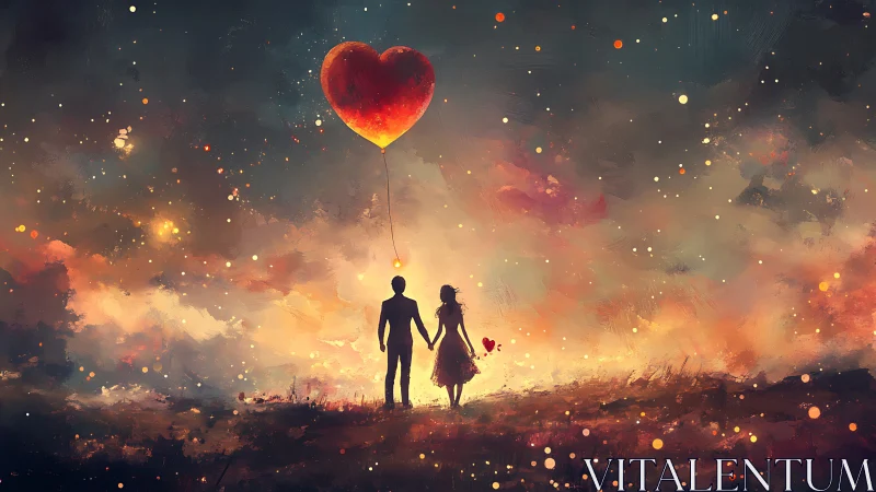Silhouetted couple beneath luminous heart balloon in atmospheric bokeh landscape