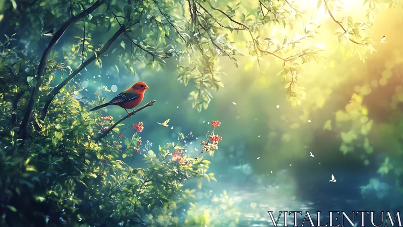 Vivid Red Bird on Branch in Dreamy Sunlit Forest Scene.