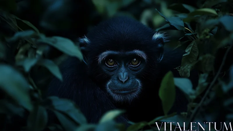 Dark-furred monkey in dense foliage under low light conditions.