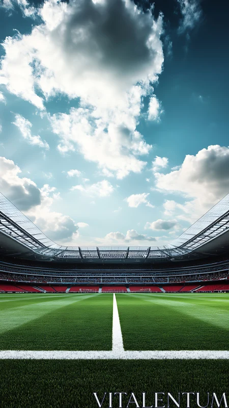 Sunlit football stadium field waiting for the next match.