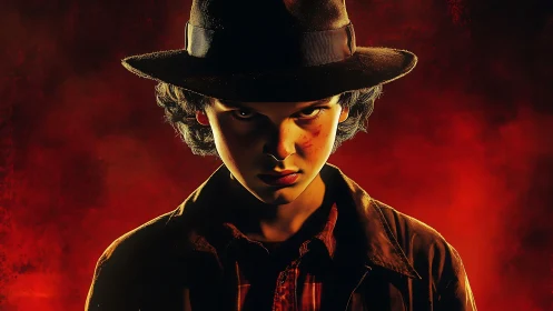 Young person in hat is lit against uniform red backdrop